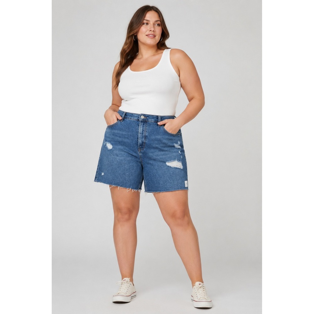 Old Navy Sky-Hi Short Women 18 Blue Jean Distressed Cutoff High Rise Button Fly